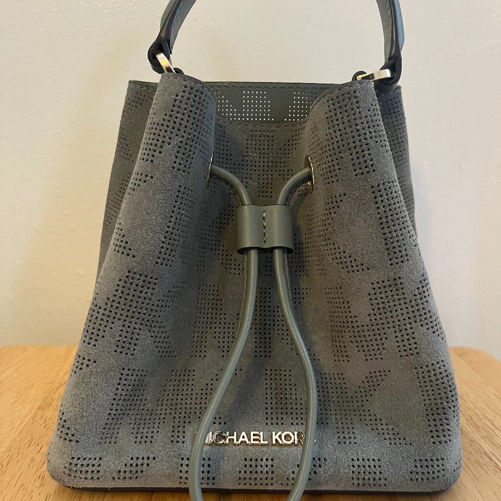 Michael Kors Dusty Green Suede Mini Bucket Bag